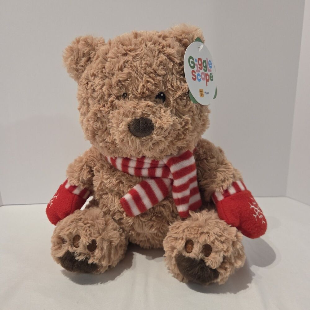 Giggle Scape Brown Bear Plush 12" Stuffed Animal Scarf Mittens Red White